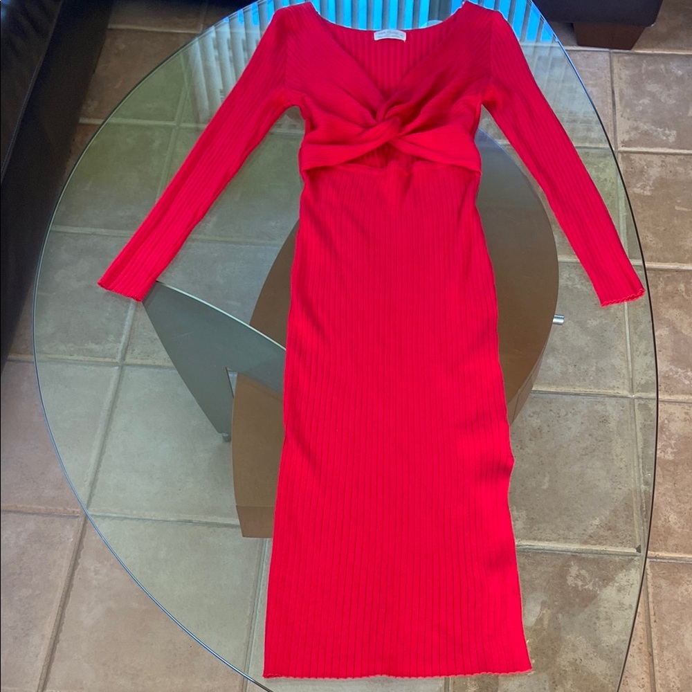 Red Twist-Front Ribbed Long-Sleeve Midi Dress